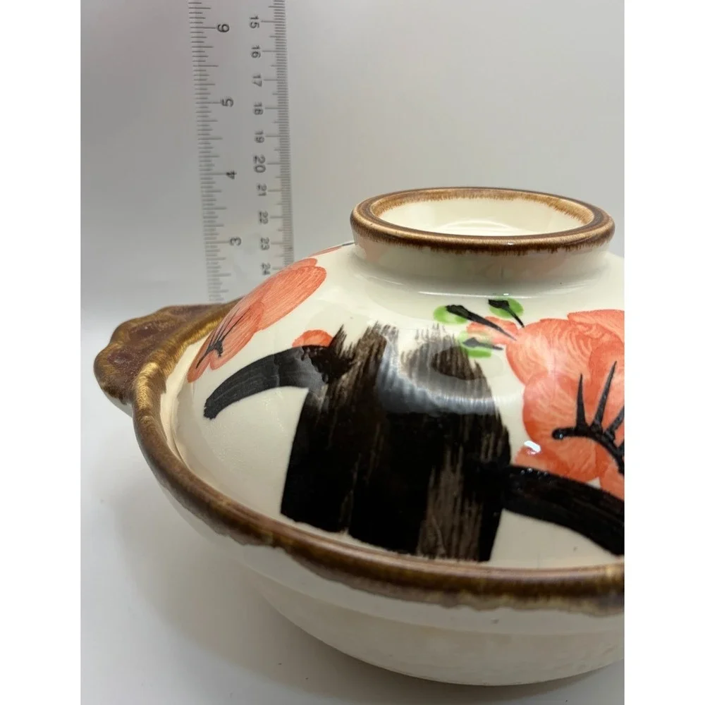 Vintage Japanese Donabe Clay Pot Floral Hand Painted Ceramic Lidded Casserole